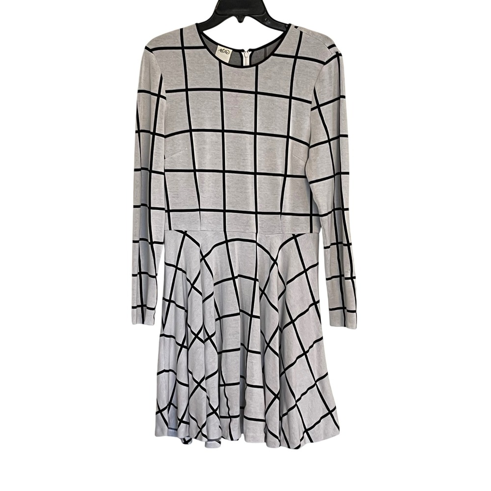 Ali Ro Women Black Grid Flare Skater Dress Size 12 Long Sleeve Round Neck